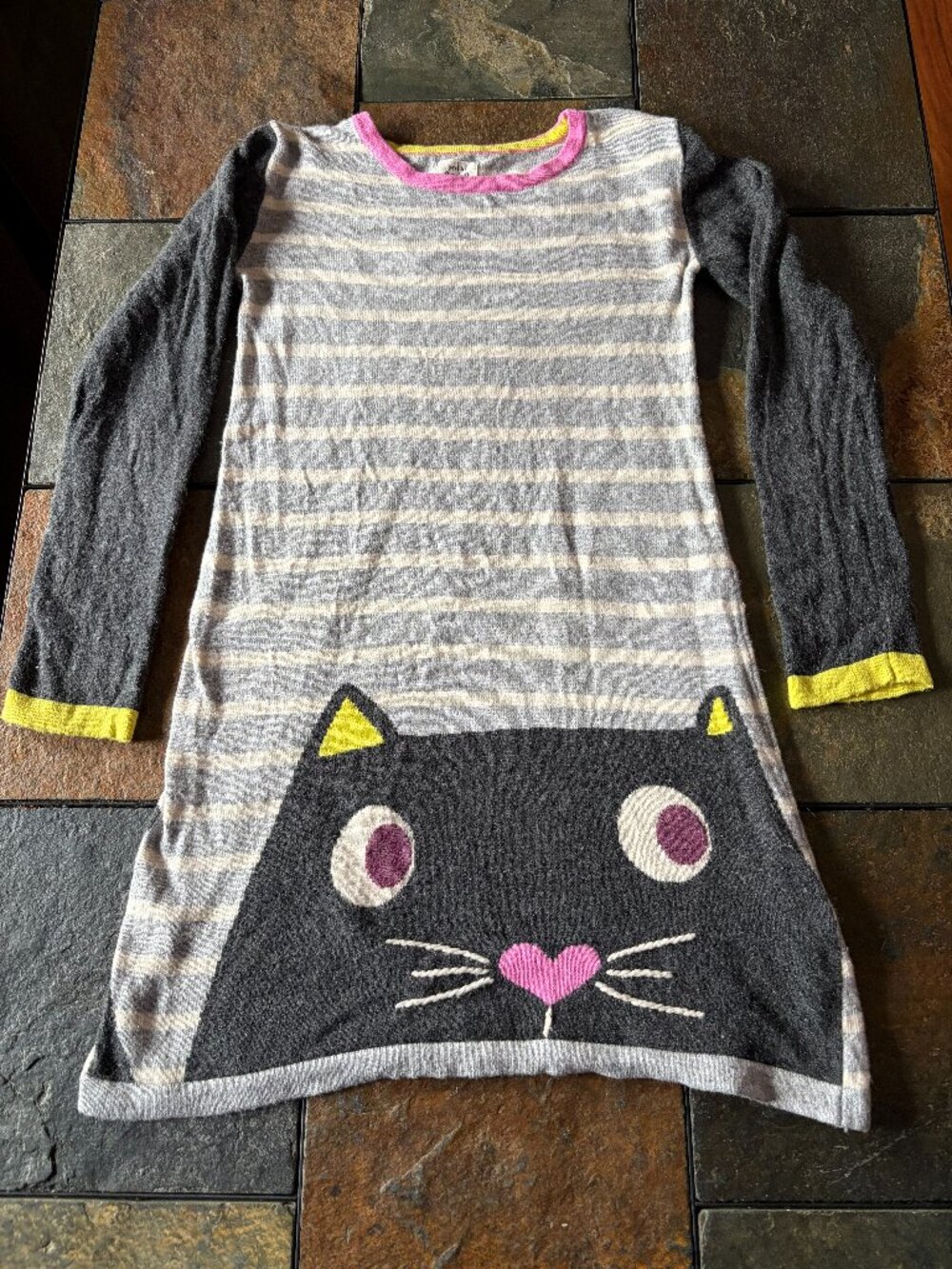 Mini Boden dress cat sweater part cashmere angora blend striped kitty 7-8Y